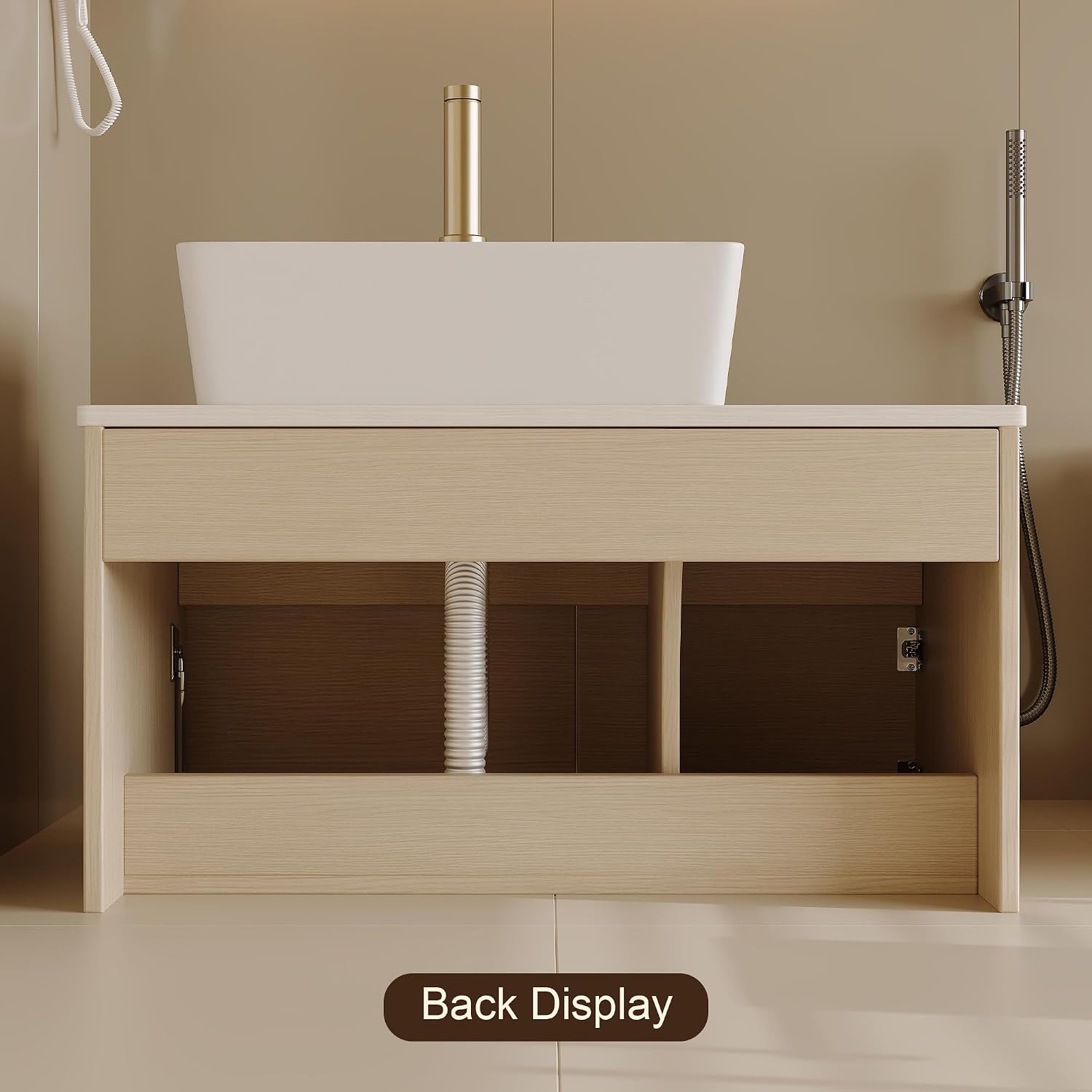 32' Floating Bathroom Vanity with Single Sink, Modern Wall Mounted Bathroom Vanities with Above Ceramic Basin, Wood Bathroom Vanity Cabinet with 1 Drawers and 2 Storage Cabinets, Natural
