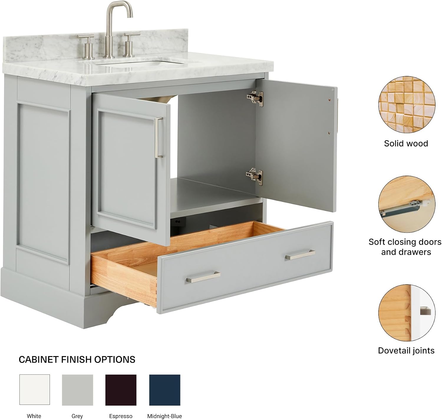 ARIEL Stafford 36-inch Bathroom Vanity with Sink,Solid Wood, 1.5-inch Italian Carrara Marble Countertop, Single Rectangular Porcelain Sink, Soft Closing Doors, Dovetail Drawers, Grey