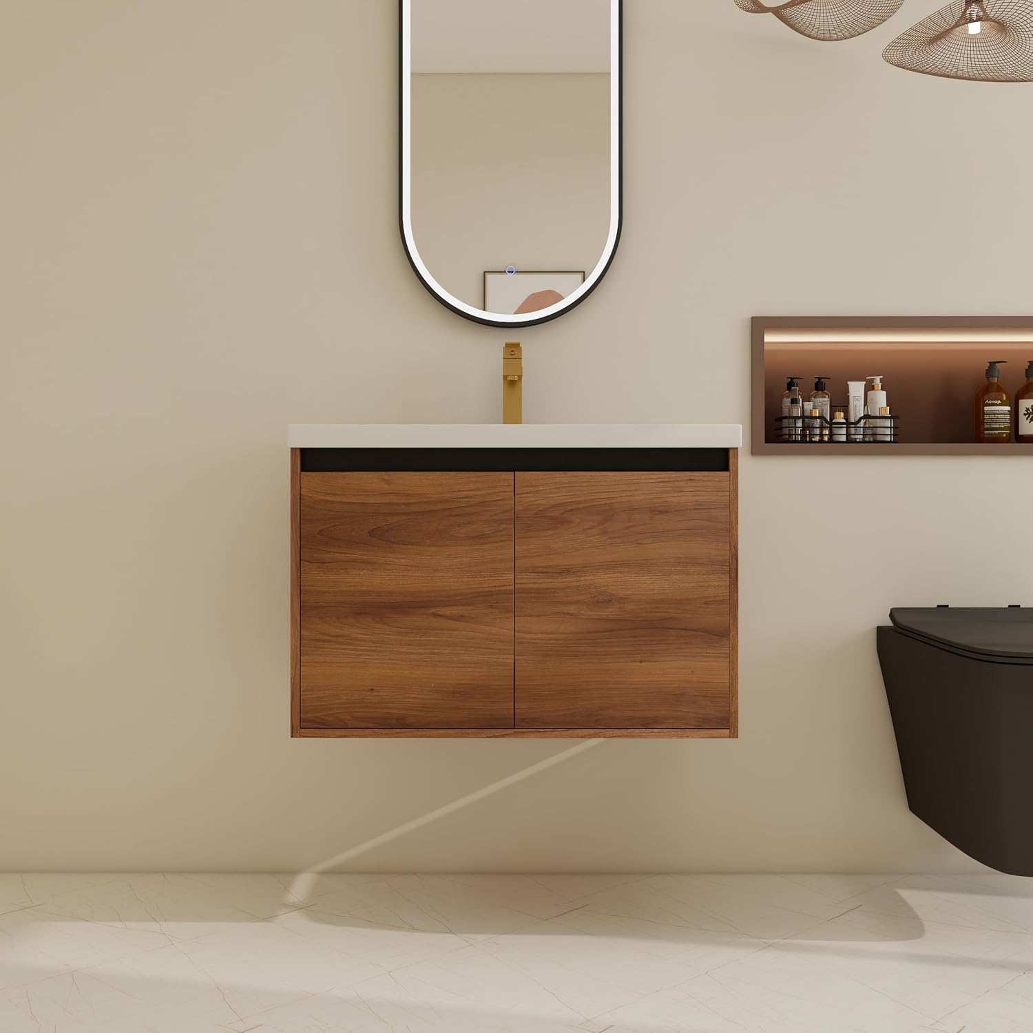 30 inch Bathroom Vanity with Sink, Wall-Mounted Floating Vanity with 2 Soft-Close Doors, Easy Assembly, Engineered Wood in Elegant Brown, Modern Style for Bathroom