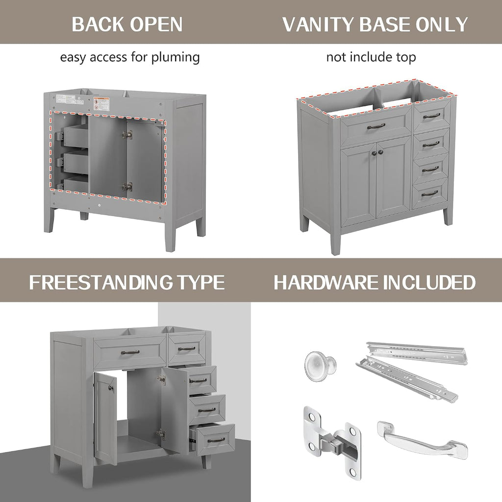 36 Inch Bathroom Vanity Without Sink, Base Only, Storage Cabinet with Doors and Drawers, Grey