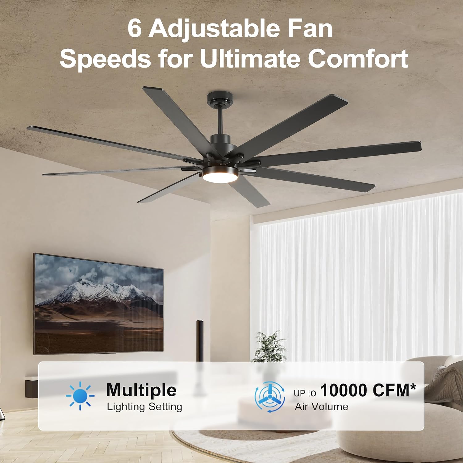 84 Inch Large Size With Light Kit & Remote Control 8 PCS Blades Ceiling Fan 3 Color Dimmable Led Dc Motor Reversible 6 Speed Quiet Remote Control Ceiling Fan For Living Room Bedroom Indoor Matte Black