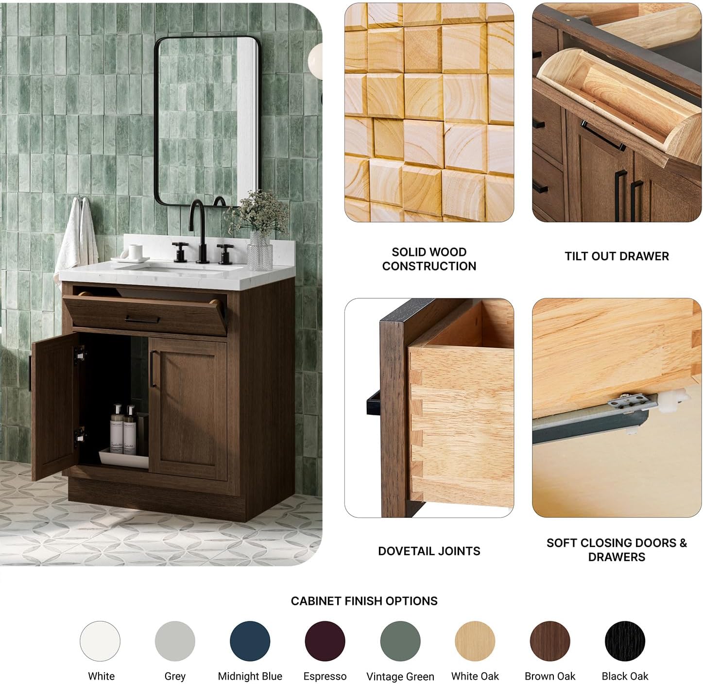 ARIEL Hepburn 30-inch Bathroom Vanity with Sink,Solid Wood, 1.5-inch Carrara White Quartz Countertop, Single Rectangular Porcelain Sink, 2 Soft Closing Doors, 1 Dovetail Drawers, Brown Oak