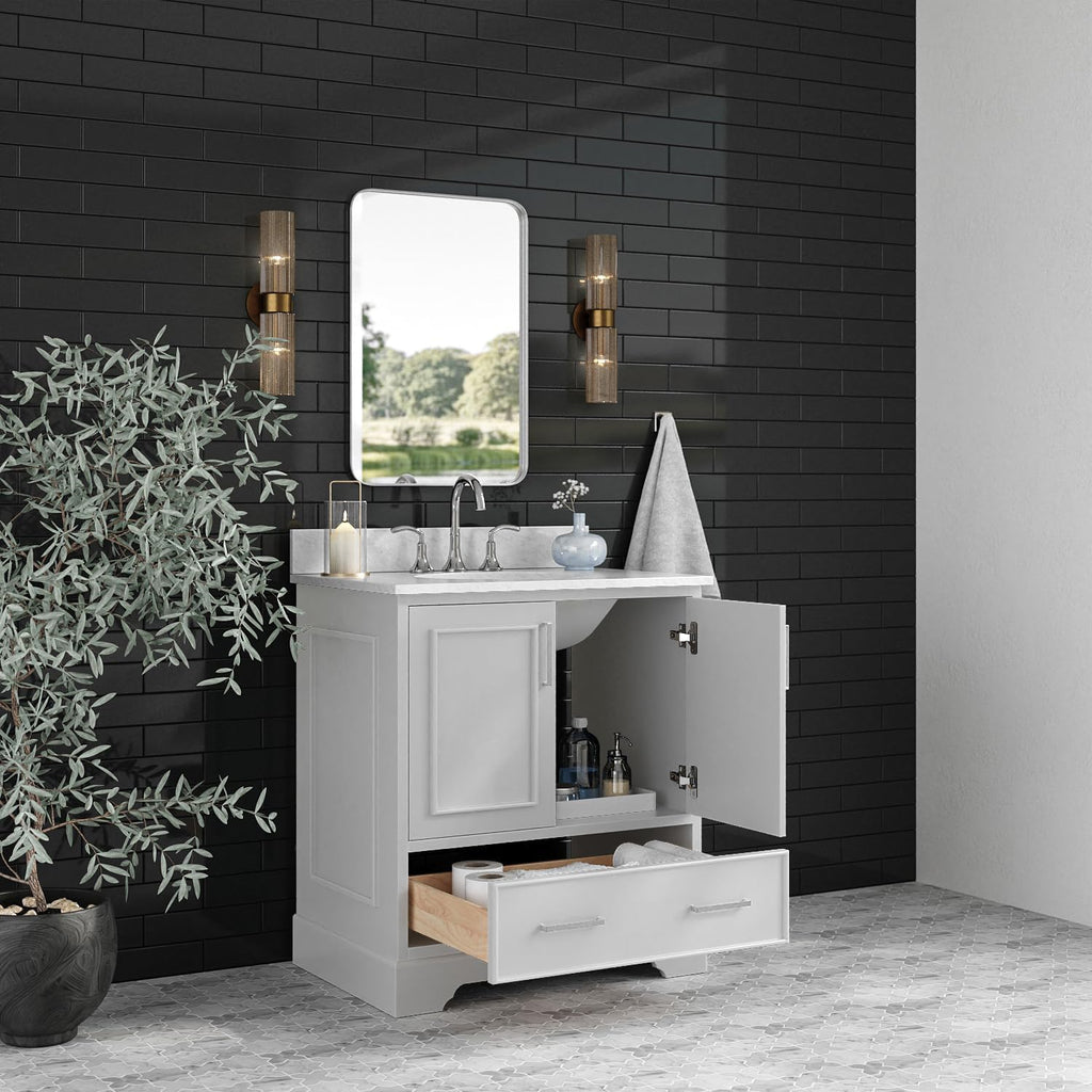 ARIEL Stafford 30-inch Bathroom Vanity with Sink,Solid Wood, 0.75-inch Italian Carrara Marble Countertop & Backsplash, Single Oval Porcelain Sink, 2 Soft Closing Doors, 1 Dovetail Drawers, Grey