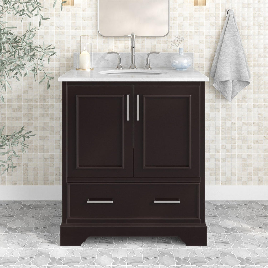 ARIEL Stafford 30-inch Bathroom Vanity with Sink,Solid Wood, 0.75-inch Italian Carrara Marble Countertop & Backsplash, Single Oval Porcelain Sink, 2 Soft Closing Doors, 1 Dovetail Drawers, Espresso