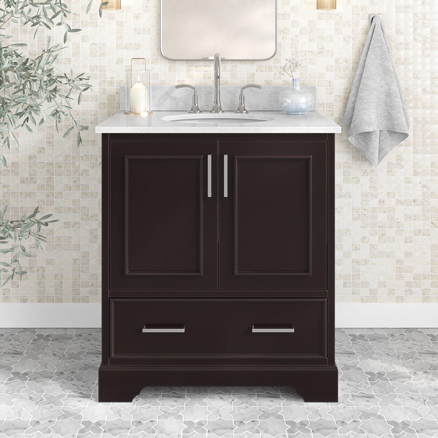 ARIEL Stafford 30-inch Bathroom Vanity with Sink,Solid Wood, 0.75-inch Italian Carrara Marble Countertop & Backsplash, Single Oval Porcelain Sink, 2 Soft Closing Doors, 1 Dovetail Drawers, Espresso