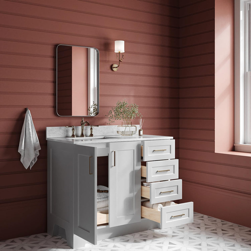 ARIEL Taylor 42-inch Bathroom Vanity with Sink,Solid Wood, 0.75-inch Italian Carrara Marble Countertop, Single Rectangular Porcelain Sink, 2 Soft Closing Doors, 5 Dovetail Drawers, Grey