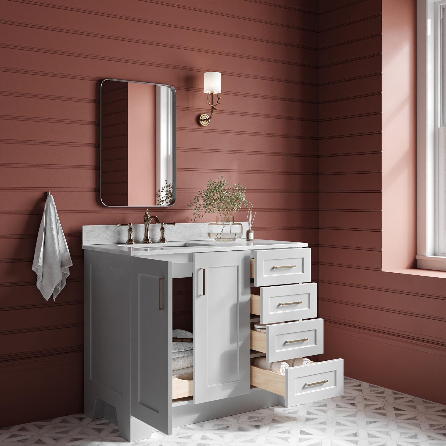 ARIEL Taylor 42-inch Bathroom Vanity with Sink,Solid Wood, 0.75-inch Italian Carrara Marble Countertop, Single Rectangular Porcelain Sink, 2 Soft Closing Doors, 5 Dovetail Drawers, Grey
