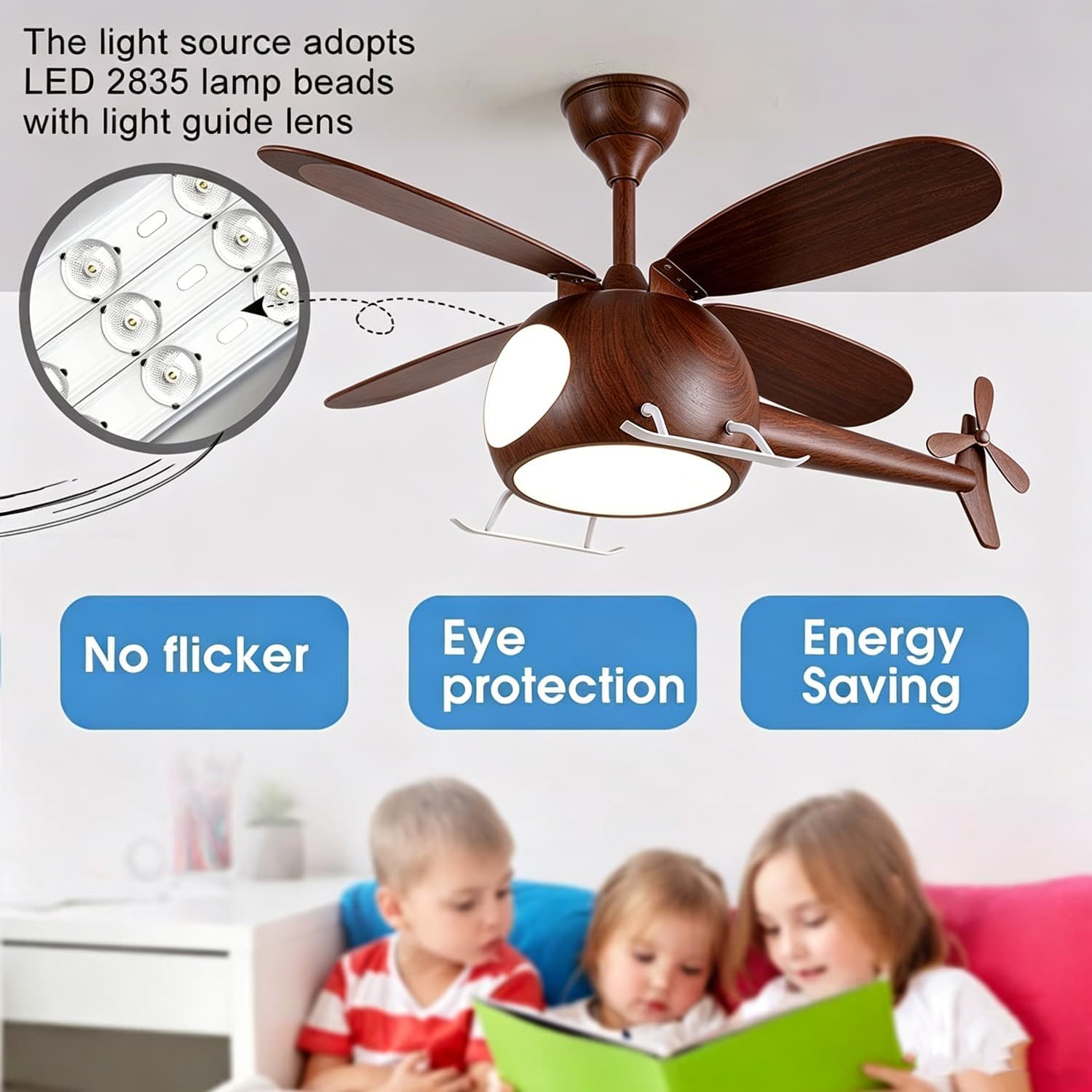 Children's Bedroom Ceiling Fan With Lights,Dimmable Kids Room Cartoon Ceiling Fan Lamp,Helicopter Model Wood Grain Airplane Pendant Light Decoration Fixtures,Remote Control Speed,Hydrographic Printing