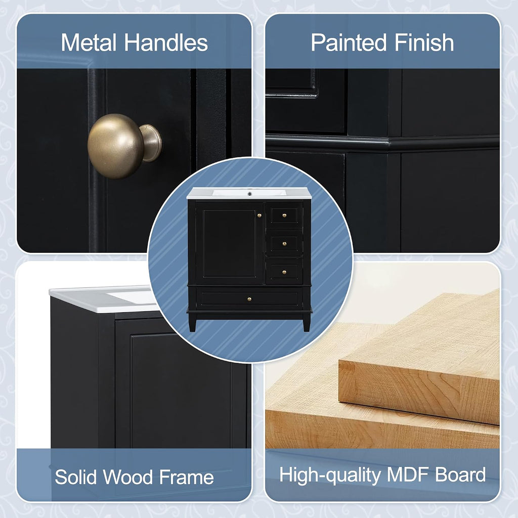30' Modern Freestanding Bathroom Vanity with Ceramic Sink Top, 3 Drawers & Storage Shelves - MDF & Solid Wood Base