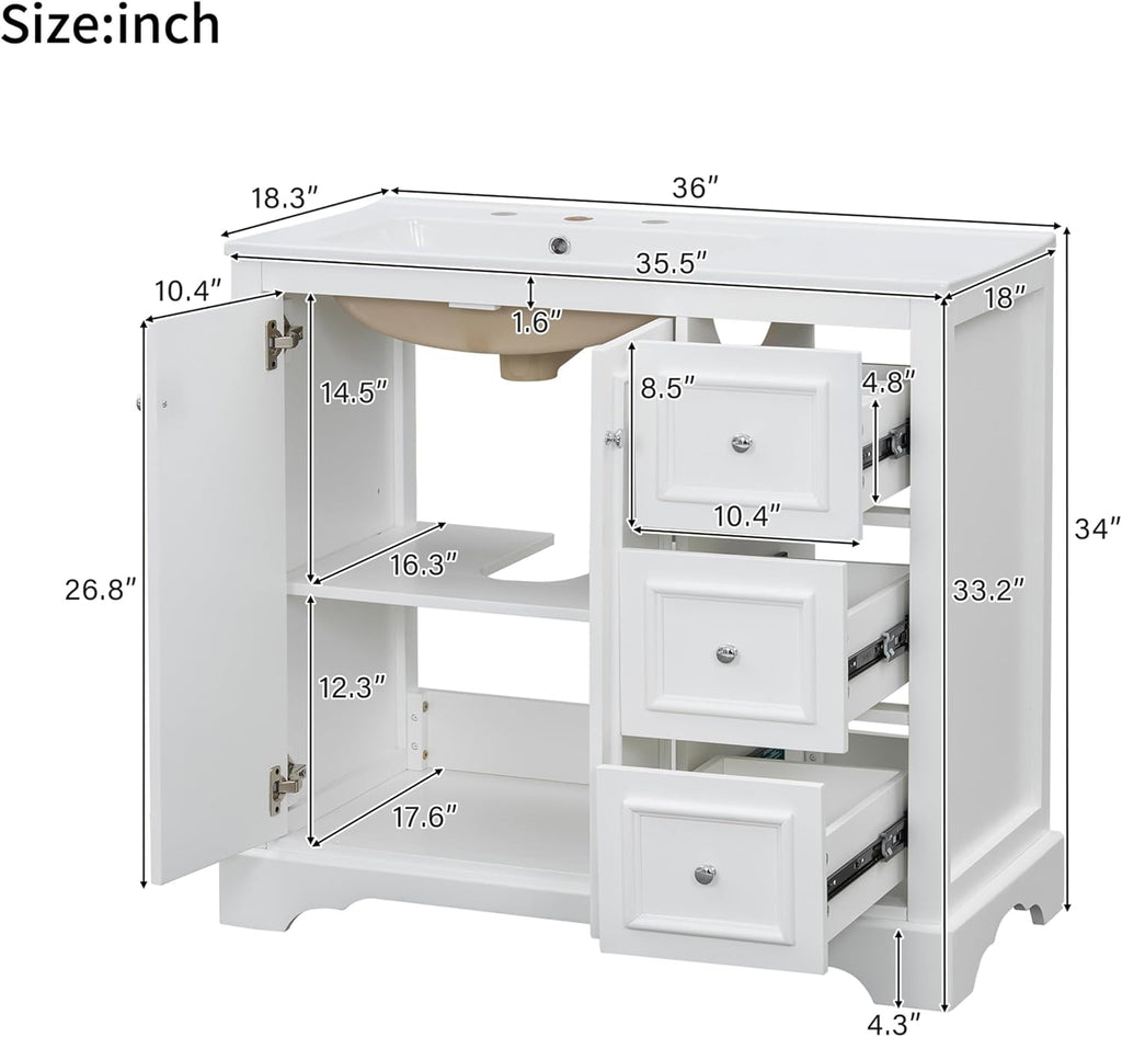 36 Inch Bathroom Vanity with Sink Set Combo Freestanding Cabinet Ceramic Top Freestanding Left Offset Basin 2 Soft Close Doors 3 Drawers White