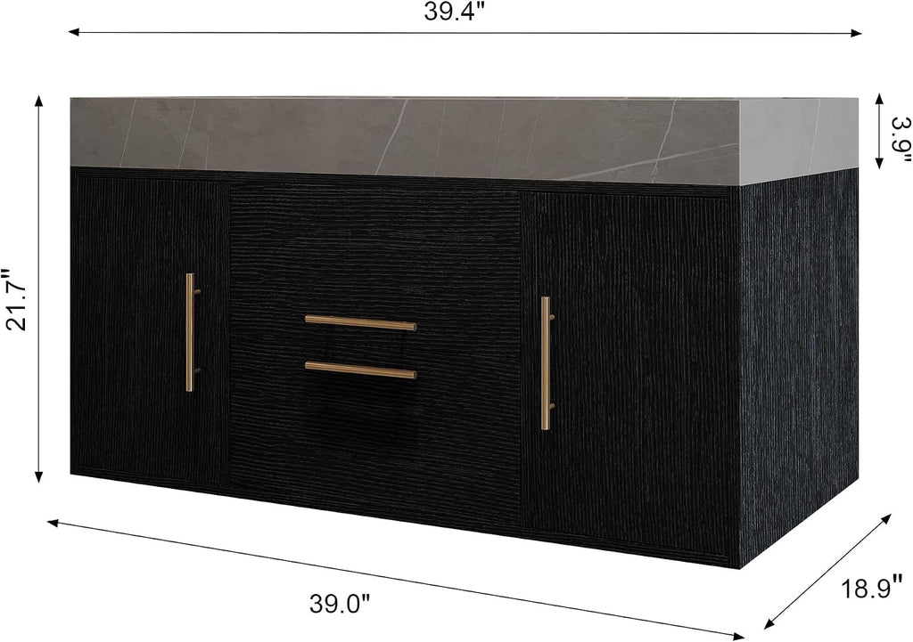 40' Bathroom Vanity with Sink Set, Modern Wall Mounted Bathroom Vanity Cabinet with Ceramic Sink,Gold Handle 2 Drawers&2 Storage Cabinets, Single Sink Floating Bathroom Vanity, Black Grey