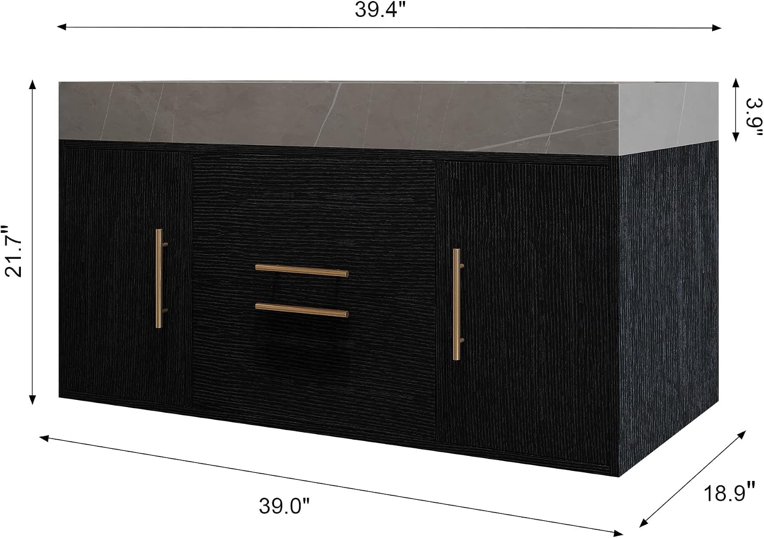 40' Bathroom Vanity with Sink Set, Modern Wall Mounted Bathroom Vanity Cabinet with Ceramic Sink,Gold Handle 2 Drawers&2 Storage Cabinets, Single Sink Floating Bathroom Vanity, Black Grey