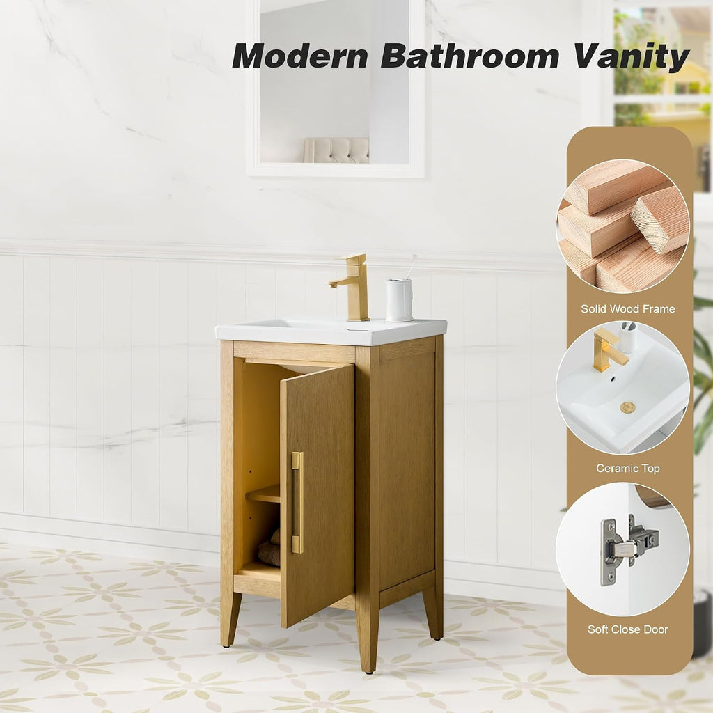 HOMEBEYOND 20 Inch Bathroom Vanities with Sink & Ceramic Top, Single Vanity Cabinet with Basin, Solid Wood Frame, Soft-Closing Doors & Golden Brushed Hardware, Natural Oak
