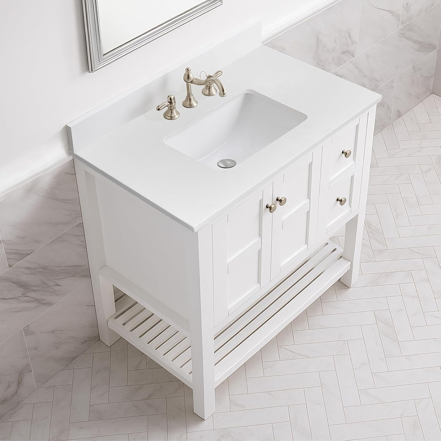 36 Inch Backsplash in Pure White, Quartz Backsplash for Bathroom Vanity Sink Top, 36 in. W x 4 in. H Universal Bathroom Vanity Backsplashes