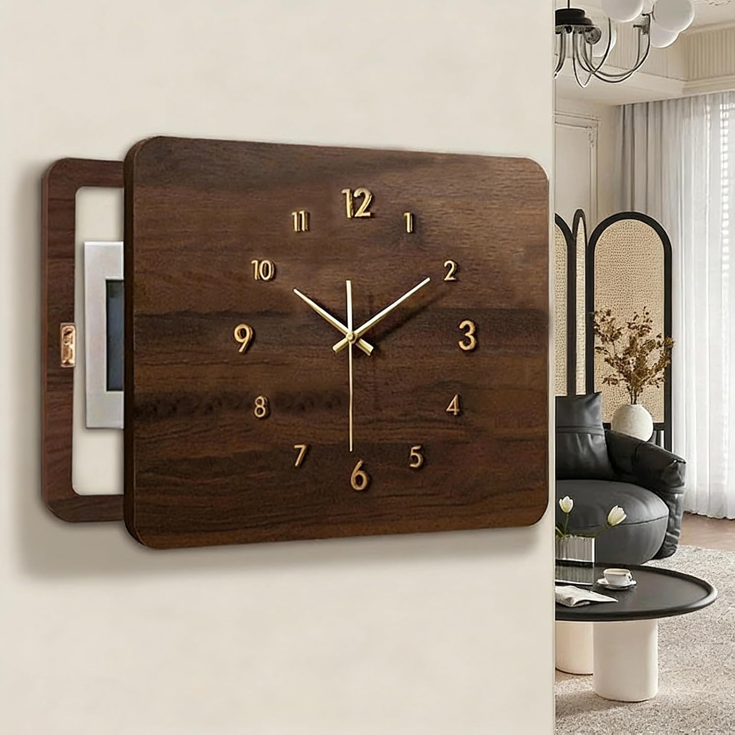 Wooden Electrical Panel Cover, Decorative Fuse Box Cover, Wall-Mounted Protective Lid, Silent Wall Clock Design, Wide Range of Applications(Brown 2,45 * 35cm/17.7 * 13.8in)