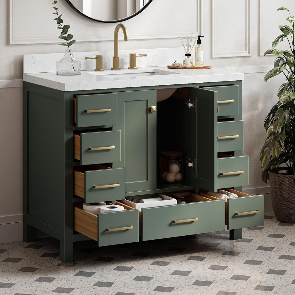 ARIEL Cambridge 42 Inch Single Rectangle Sink Bathroom Vanity with Carrara White Quartz Countertop 1.5 Inch in Vintage Green
