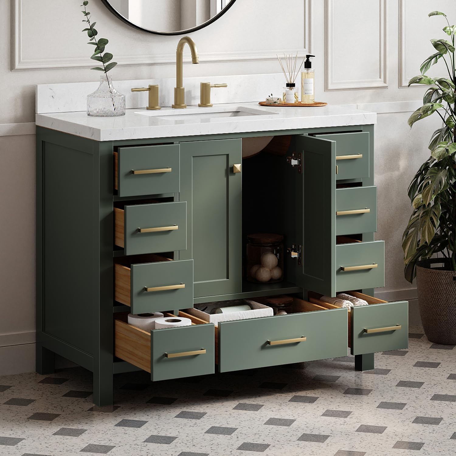 ARIEL Cambridge 42 Inch Single Rectangle Sink Bathroom Vanity with Carrara White Quartz Countertop 1.5 Inch in Vintage Green