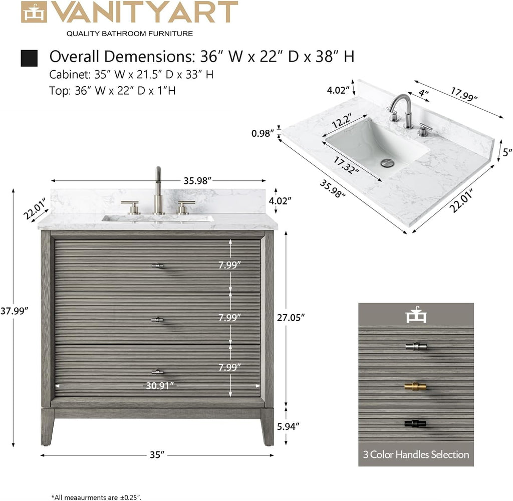 Vanity Art 36' Bathroom Vanity with Single Sink & Arabescato White Engineered Stone Top, Vanity Cabinet with Soft Closing Door, Solid Wood Frame, Brushed Nickel Handles, Driftwood Gray VA8136-DG-BN