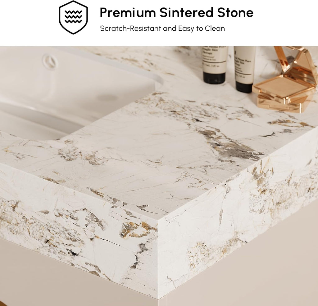 homary 36 Inch Bathroom Vanity with Sink, Contemporary Floating Vanity with Sintered Stone Countertop & Undermount Ceramic Basin, 2 Drawers & 2 Open Shelves, Space Saving Design, Beige