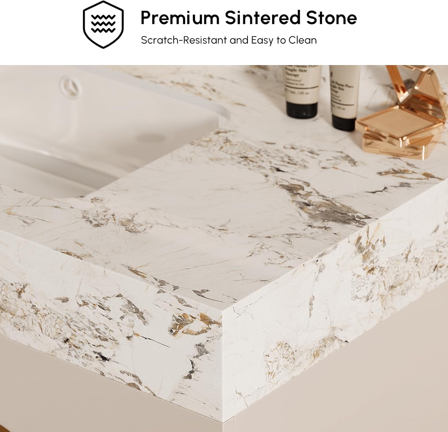 homary 36 Inch Bathroom Vanity with Sink, Contemporary Floating Vanity with Sintered Stone Countertop & Undermount Ceramic Basin, 2 Drawers & 2 Open Shelves, Space Saving Design, Beige