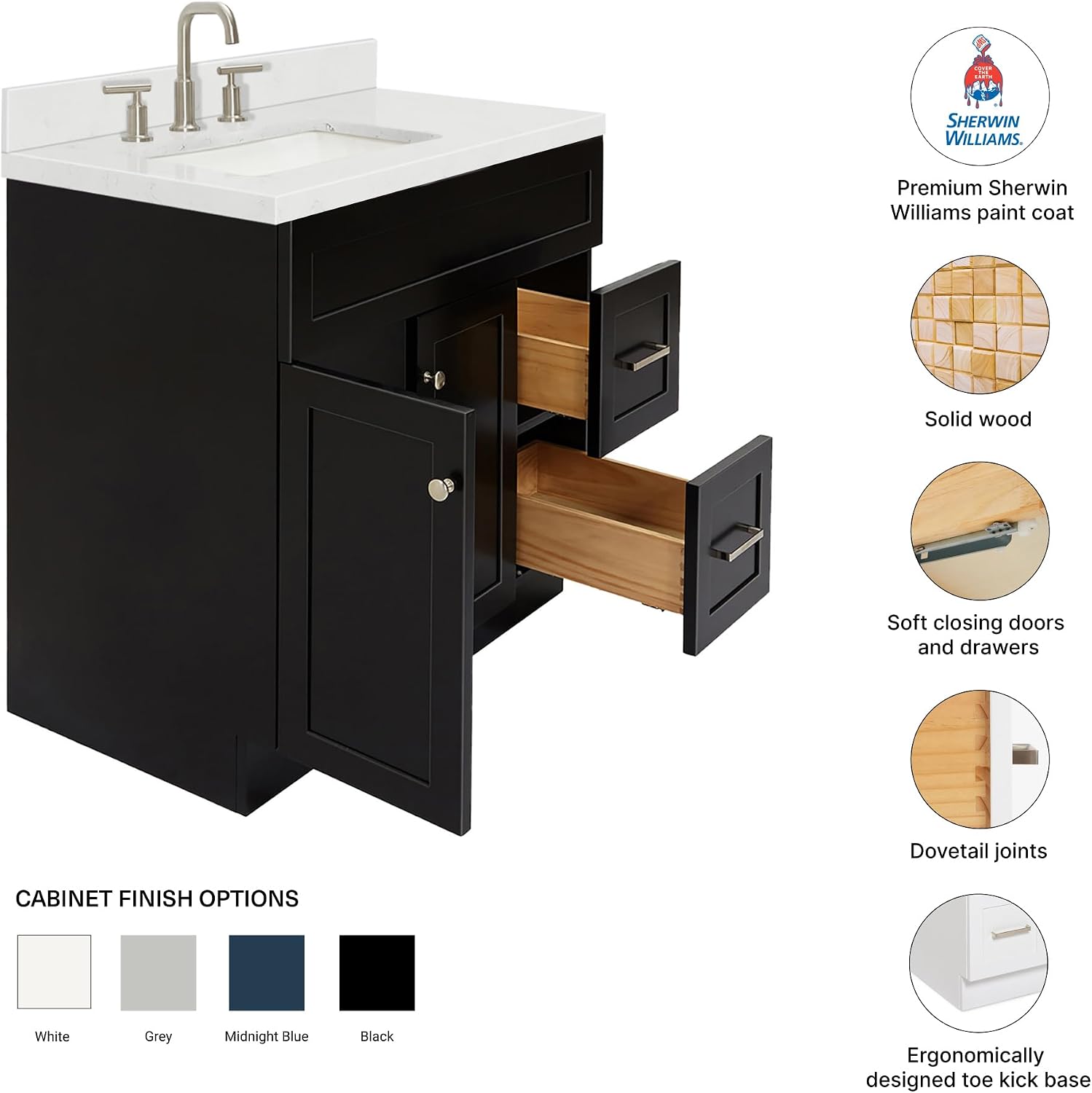 DKB Bradford 36-Inch Black Bathroom Vanity with Left Rectangular Sink, 1.5-Inch Carrara Quartz Countertop & Backsplash, 2 Soft-Closing Doors, 2 Dovetail Drawers, Toe Kick, Brushed Nickel Hardware