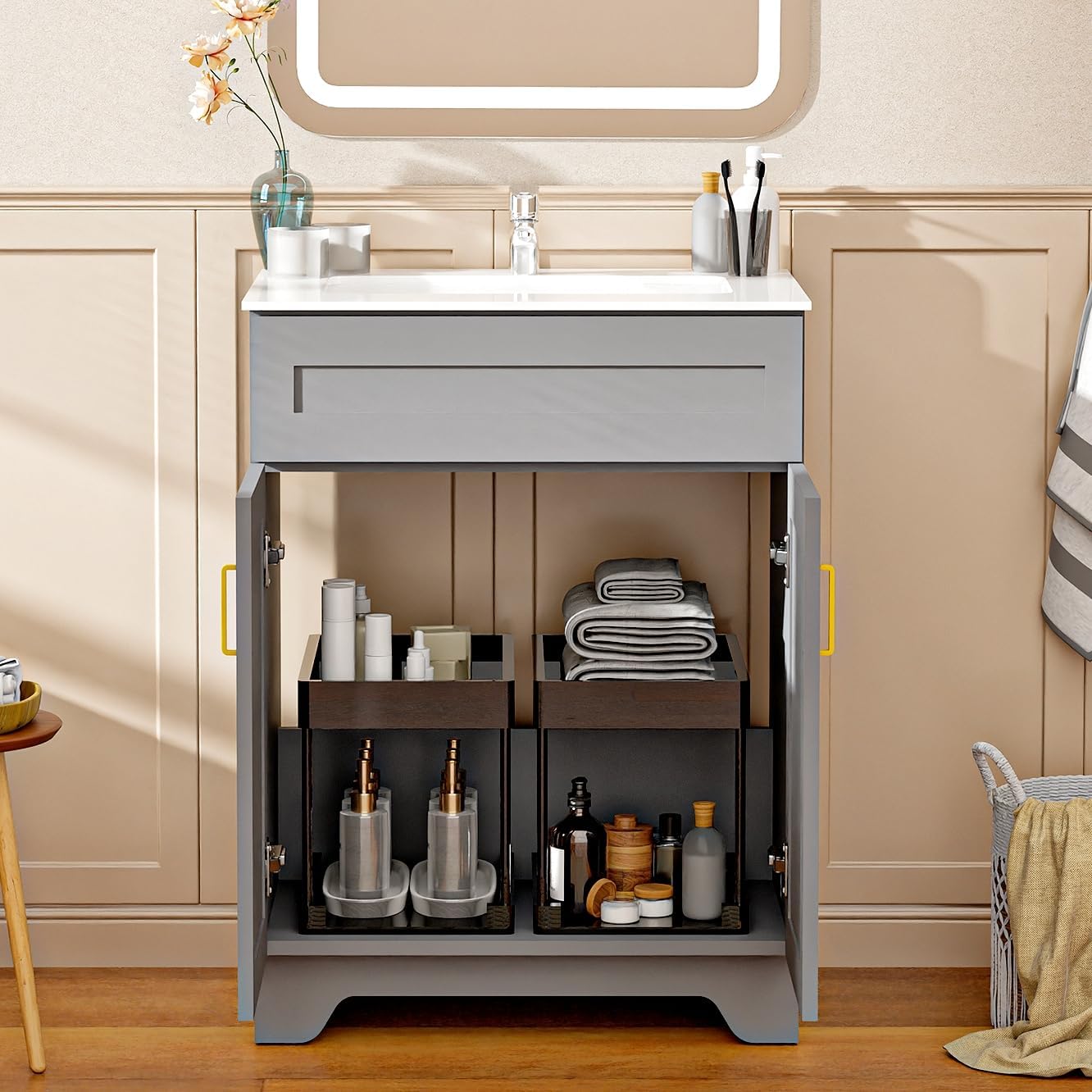 24 Inch Bathroom Vanity with Ceramic Basin and Countertop, Modern Bathroom Vanity with Sink, Narrow Design for Small Bathroom (Grey)