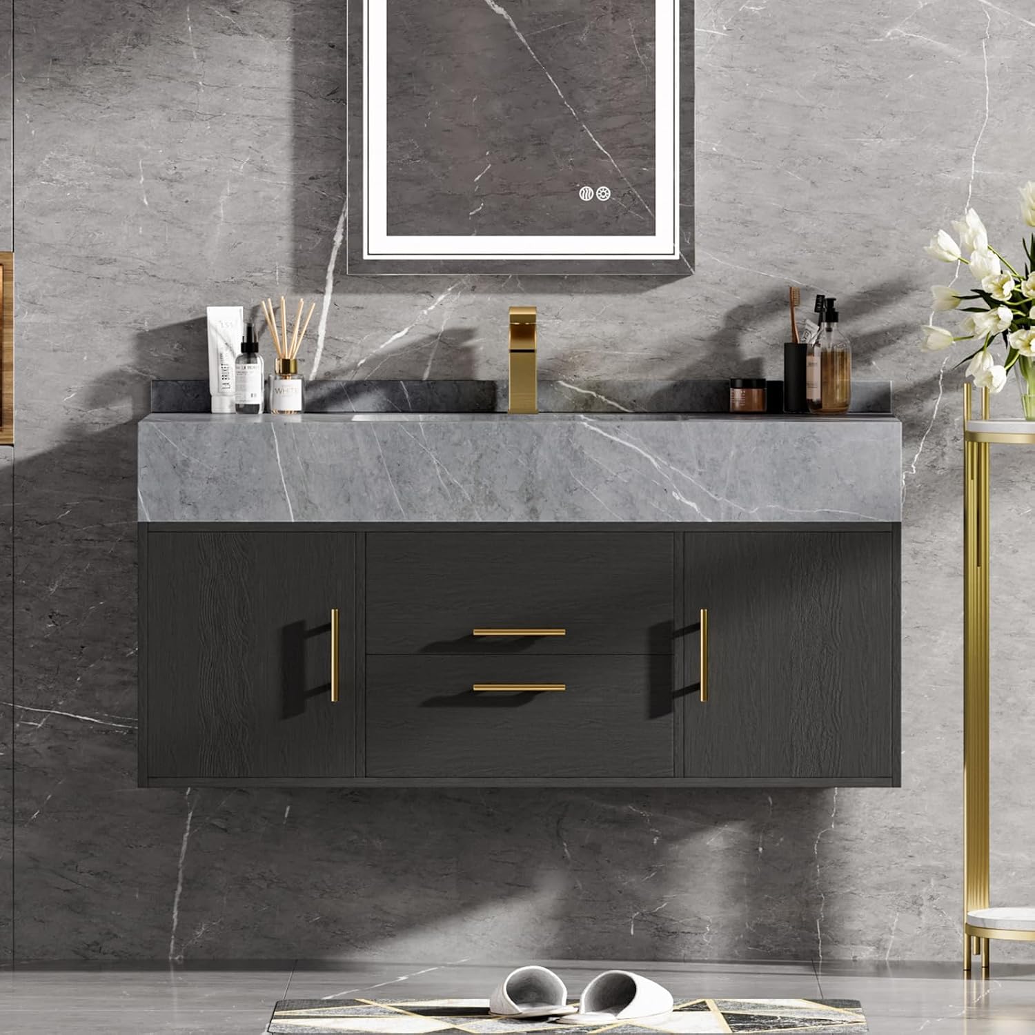 homary 39.4 inch Floating Bathroom Vanity with Single Sink, Modern Design with Sintered Stone Top & Undermount Sink, 2 Soft-Close Drawers for Master & Guest Bathrooms, Black