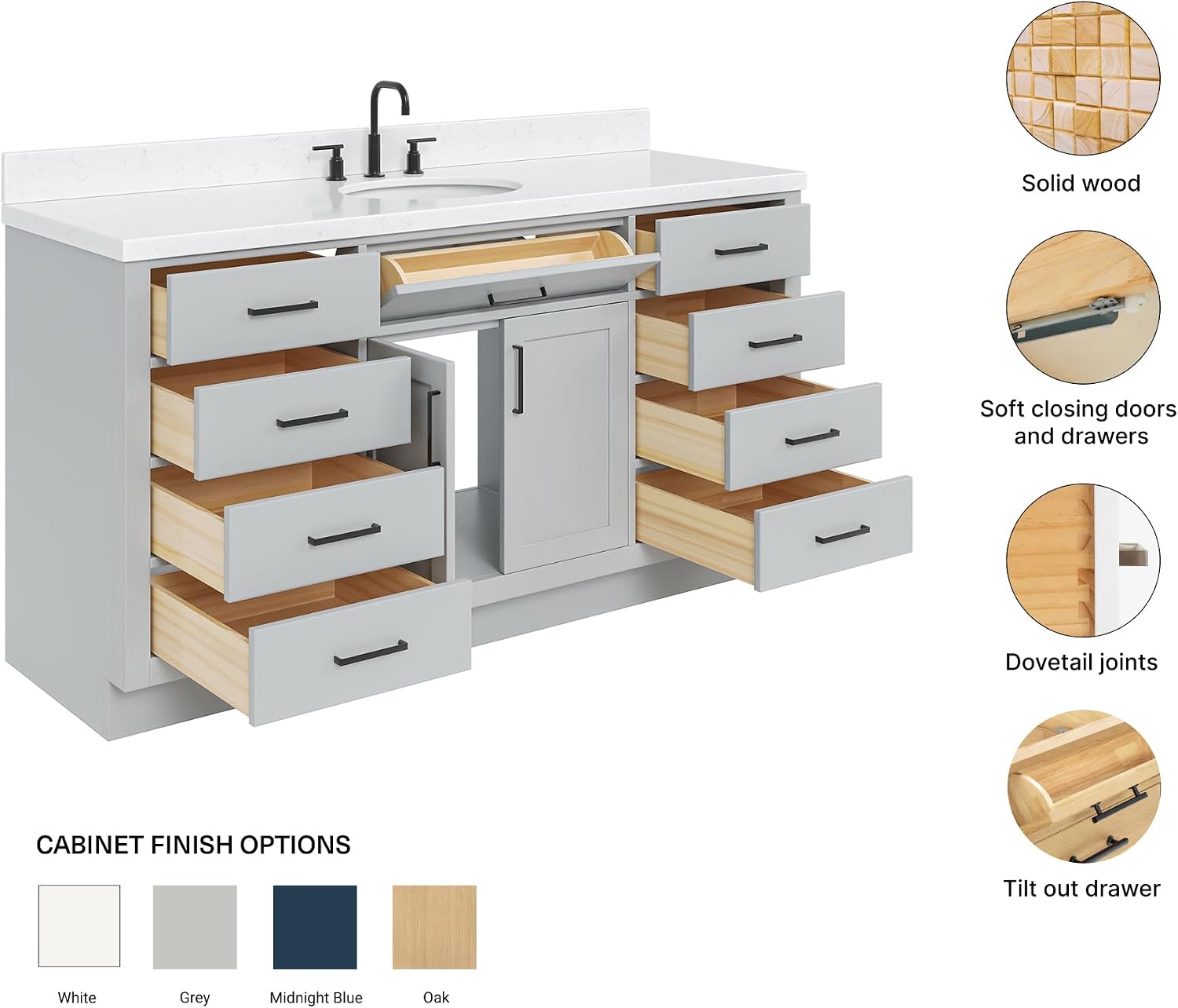 ARIEL Hepburn 66-inch Bathroom Vanity with Sink,Solid Wood, 1.5-inch Carrara White Quartz Countertop & Backsplash, Single Oval Porcelain Sink, 2 Soft Closing Doors, 9 Dovetail Drawers, Grey