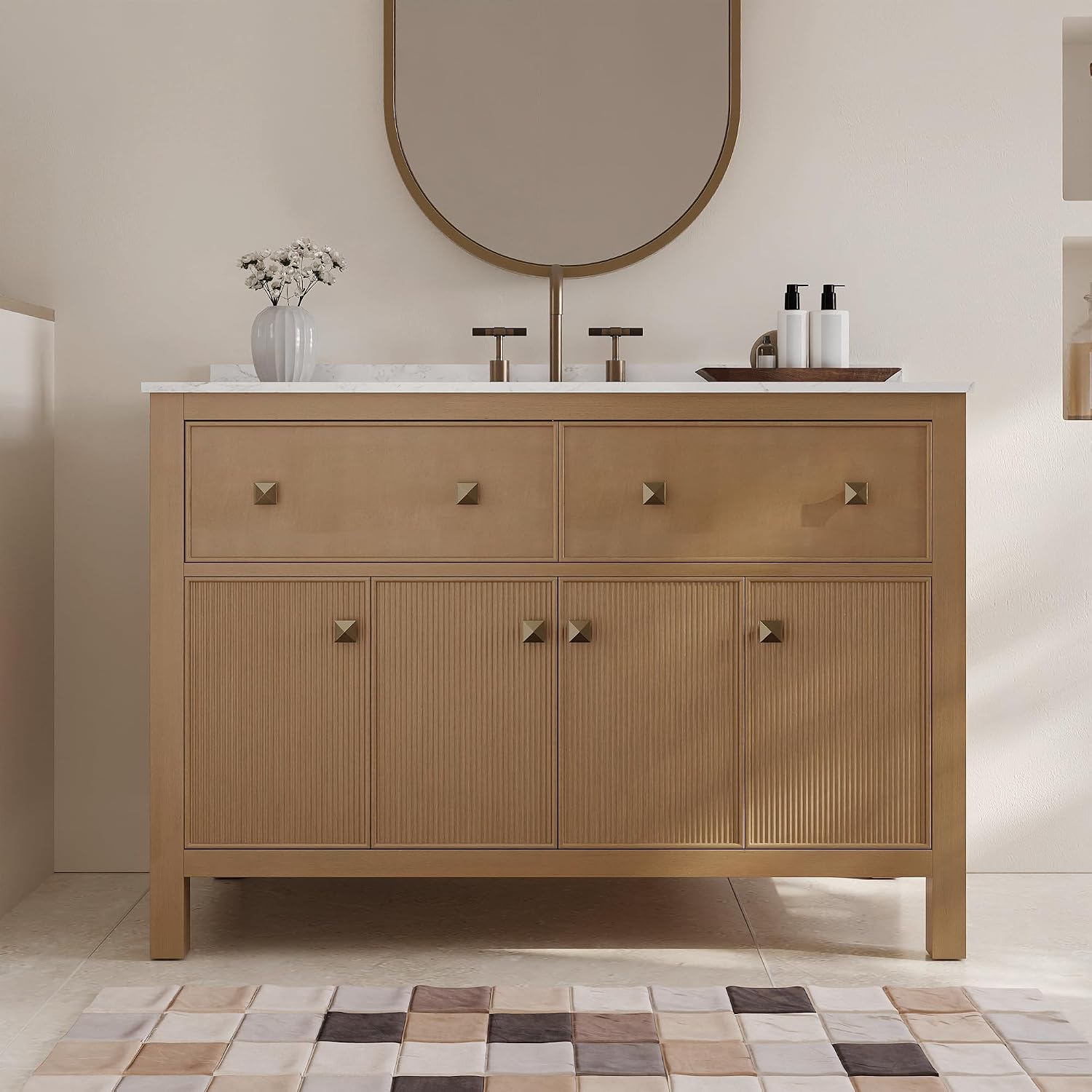 DeerValley 48' Bathroom Vanity, Pre-Assembled Vanity for Bathroom with Soft Closing and Splash Guard, Pre-drilled 3 Holes, Large Storage Space Cabinet, Natural Wood Color