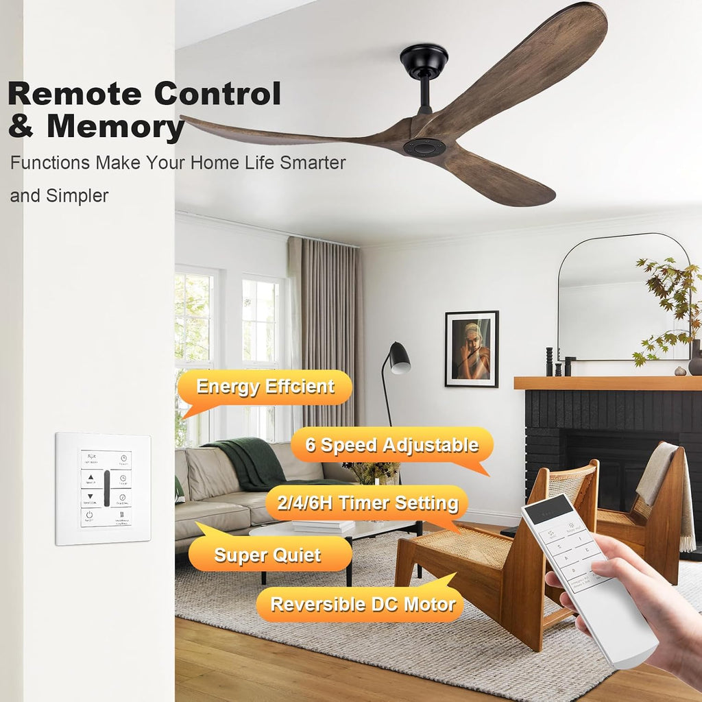 72Inch Large Size Solid Wood Ceiling Fan Without Light With Wall Switch & Remote Control Reversible DC Motor 6 Speed 3 Blade Ceiling Fan No Light Low Profile Ceiling Fan For Bedroom Indoor Deep Brown