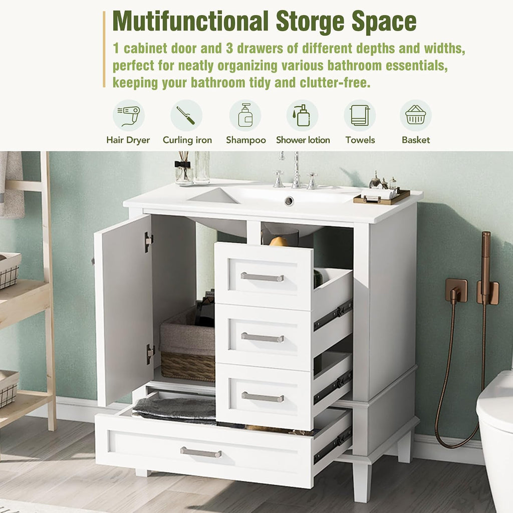 Mirightone 30' Bathroom Vanity with Sink, Bathroom Vanity with Sink 30 Inch, 30 in Vanity with Top for Bathroom, 30 Vanity and Sink Combo with 3 Drawers and 1 Soft Closing Door (White)