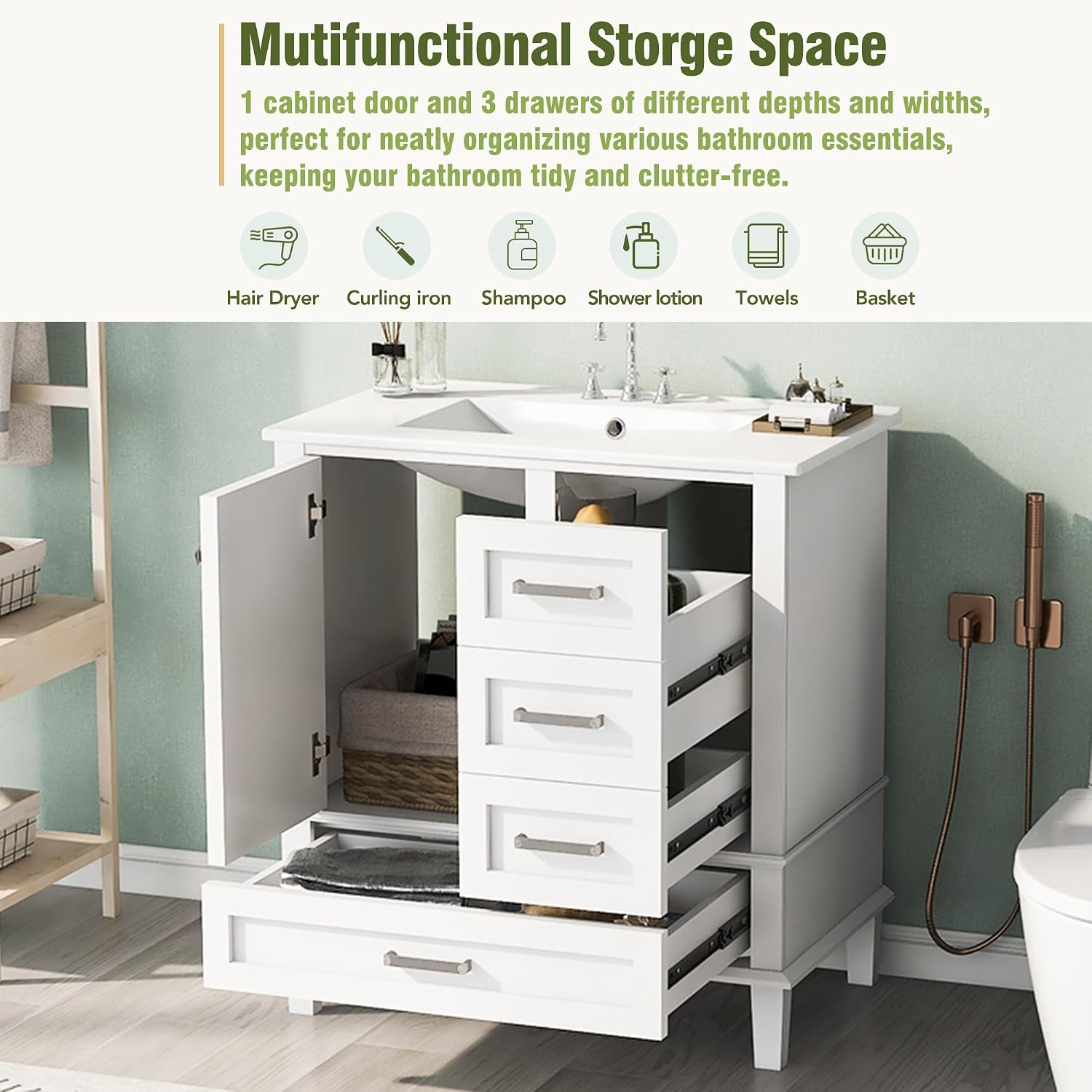 Mirightone 30' Bathroom Vanity with Sink, Bathroom Vanity with Sink 30 Inch, 30 in Vanity with Top for Bathroom, 30 Vanity and Sink Combo with 3 Drawers and 1 Soft Closing Door (White)