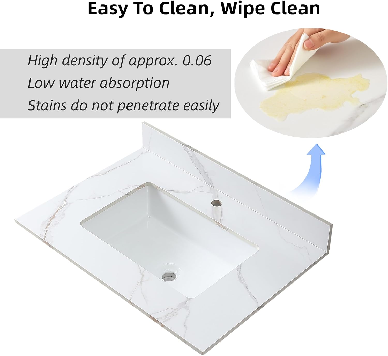 31 Inch Bathroom Vanity Top with Undermounted Large Ceramic Sink & Backsplash, Sintered Stone Artificial Marble Vanity Sink Tops with 1 hole, Carrara Gold