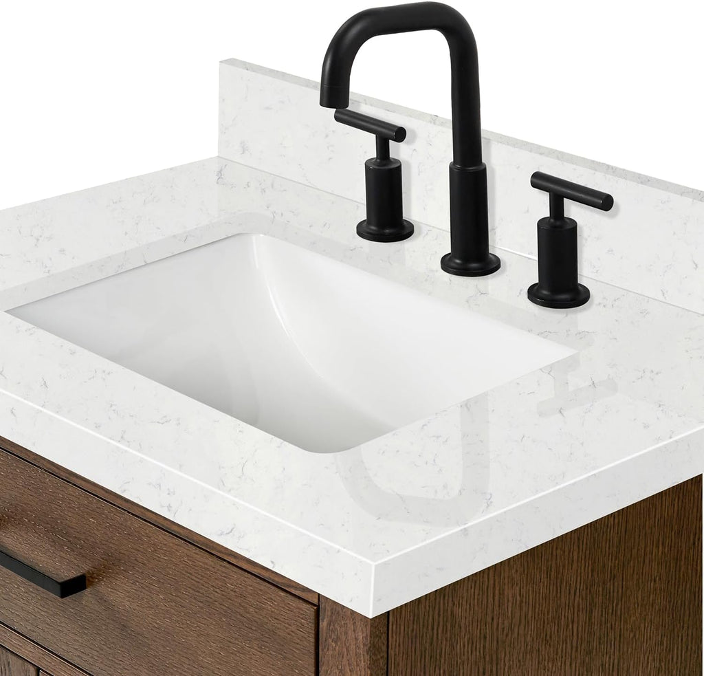 ARIEL Hepburn 30-inch Bathroom Vanity with Sink,Solid Wood, 1.5-inch Carrara White Quartz Countertop, Single Rectangular Porcelain Sink, 2 Soft Closing Doors, 1 Dovetail Drawers, Brown Oak