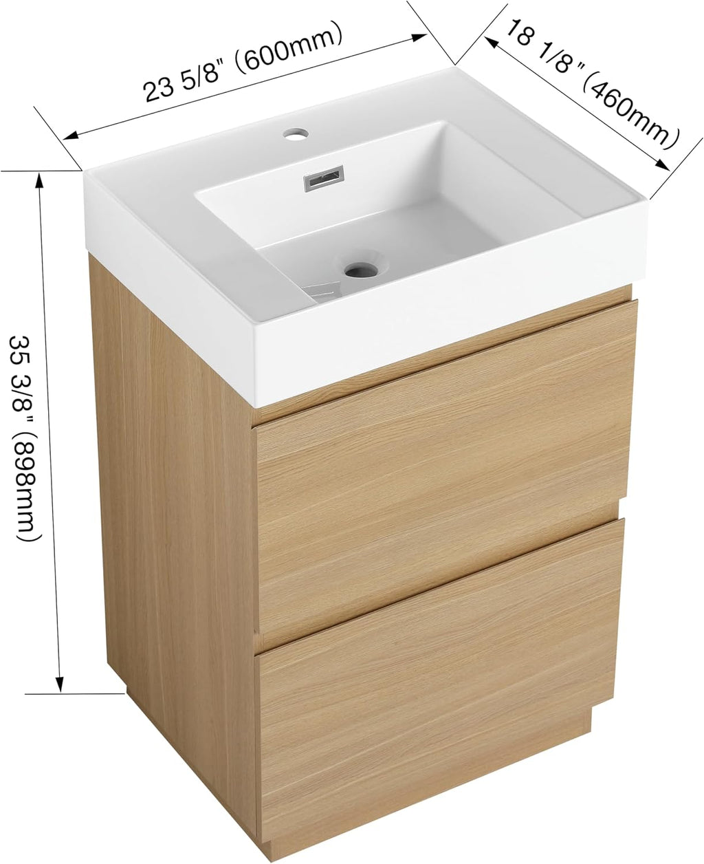 24 Inch Bathroom Vanity with Sink, Freestanding Single Sink Bathroom Vanity with Soft Closed Drawers, Integrated Sink, Engineered Wood Bathroom Sink Vanity (Oak)
