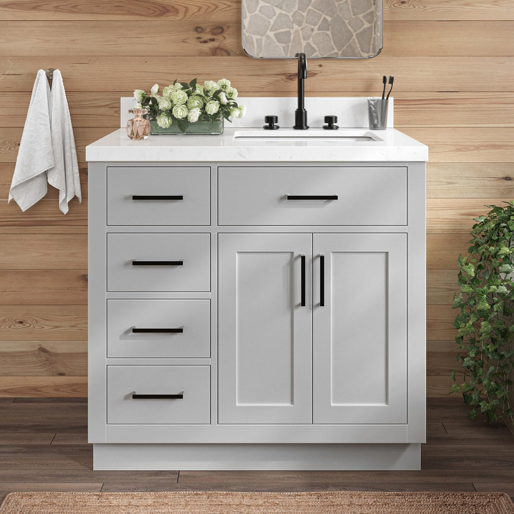 ARIEL Hepburn 36-inch Bathroom Vanity with Sink,Solid Wood, 1.5-inch Carrara White Quartz Countertop & Backsplash, Single Rectangular Porcelain Sink, 2 Soft Closing Doors, 5 Dovetail Drawers, Grey