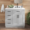 ARIEL Hepburn 36-inch Bathroom Vanity with Sink,Solid Wood, 1.5-inch Carrara White Quartz Countertop & Backsplash, Single Rectangular Porcelain Sink, 2 Soft Closing Doors, 5 Dovetail Drawers, Grey
