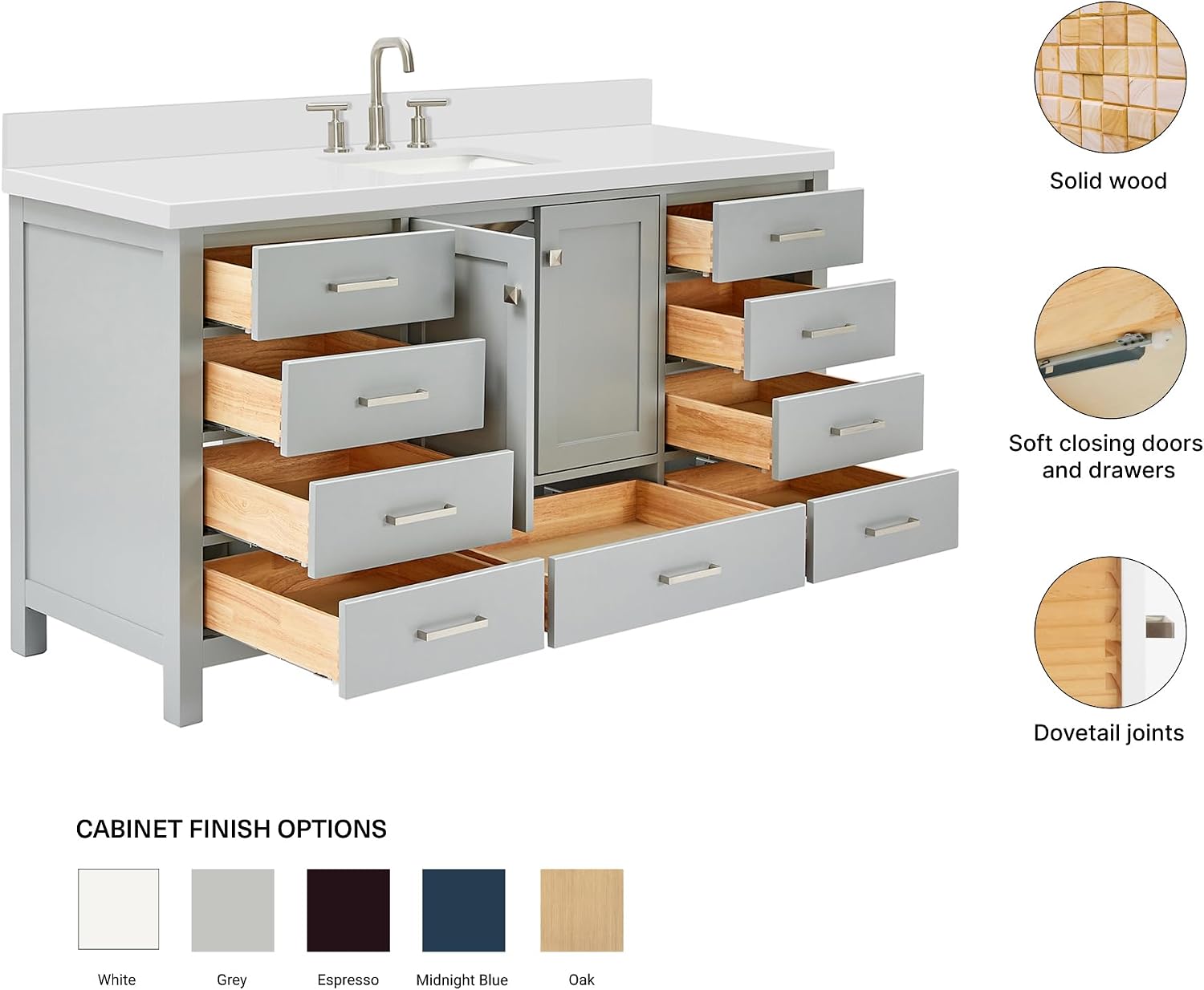 ARIEL Cambridge 66-inch Bathroom Vanity with Sink,Solid Wood, 1.5-inch Pure White Quartz Countertop & Backsplash, Single Rectangular Porcelain Sink, 2 Soft Closing Doors, 9 Dovetail Drawers, Grey