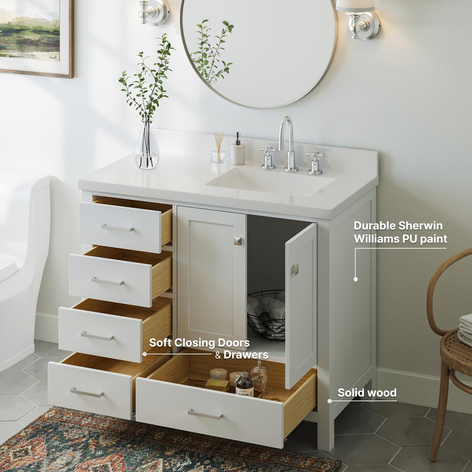 ARIEL Cambridge 42-inch Bathroom Vanity with Sink,Solid Wood, 1.5-inch Pure White Quartz Countertop & Backsplash, Single Rectangular Porcelain Sink, 2 Soft Closing Doors, 5 Dovetail Drawers, White