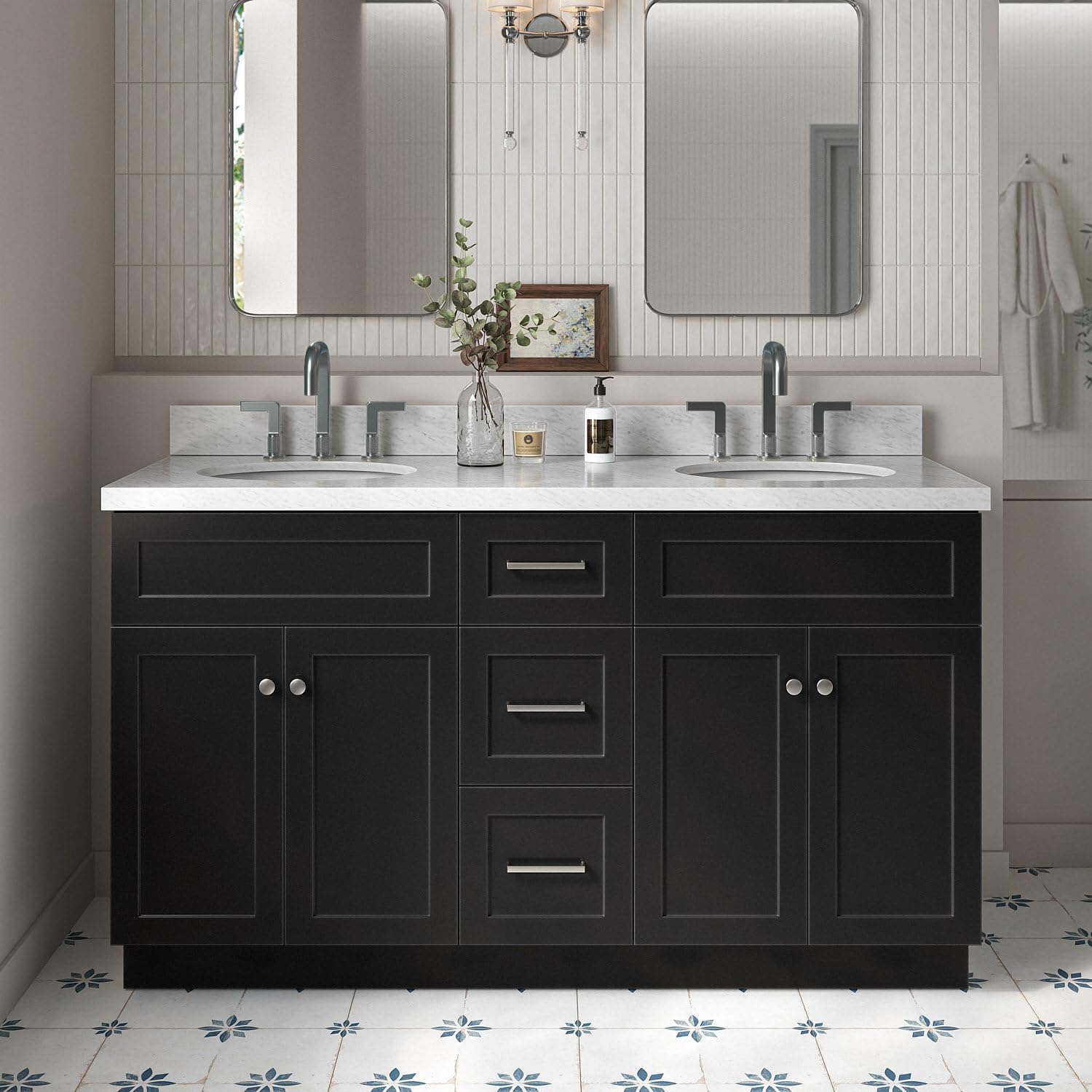 ARIEL Hamlet 60-inch Bathroom Vanity with Sink,Solid Wood, 1.5-inch Italian Carrara Marble Countertop & Backsplash, Double Oval Porcelain Sink, 4 Soft Closing Doors, 3 Dovetail Drawers, Black