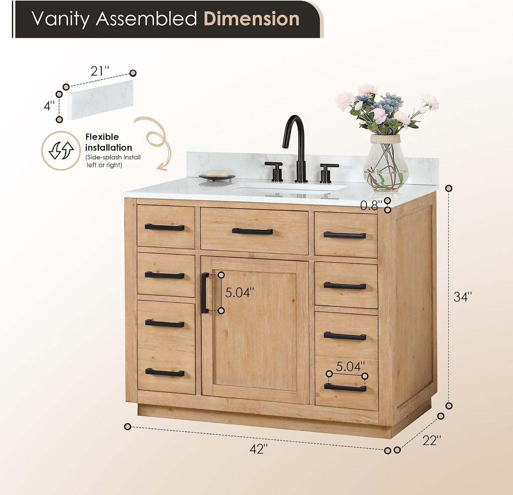 ALTAIR 42 Bathroom Vanity with Top and Sink Mordern Pedestal Single Vanities Light Brown Large Storge Cabinet with Ceramic Countertop Sidesplash and Backsplash Included Pre-Assembled