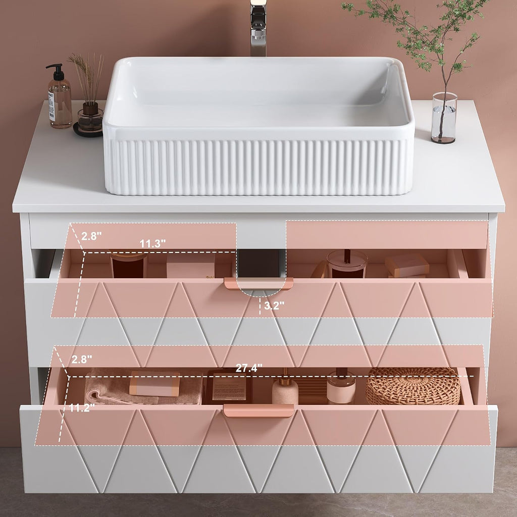 32' Floating Bathroom Vanity with Single Sink, Modern Stripe Wall Mounted Bathroom Vanities with Above Ceramic Basin, Wood Bathroom Vanity Storage Cabinet with 2 Drawers, White