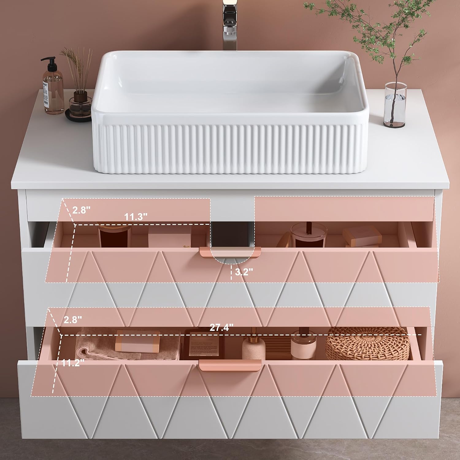32' Floating Bathroom Vanity with Single Sink, Modern Stripe Wall Mounted Bathroom Vanities with Above Ceramic Basin, Wood Bathroom Vanity Storage Cabinet with 2 Drawers, White