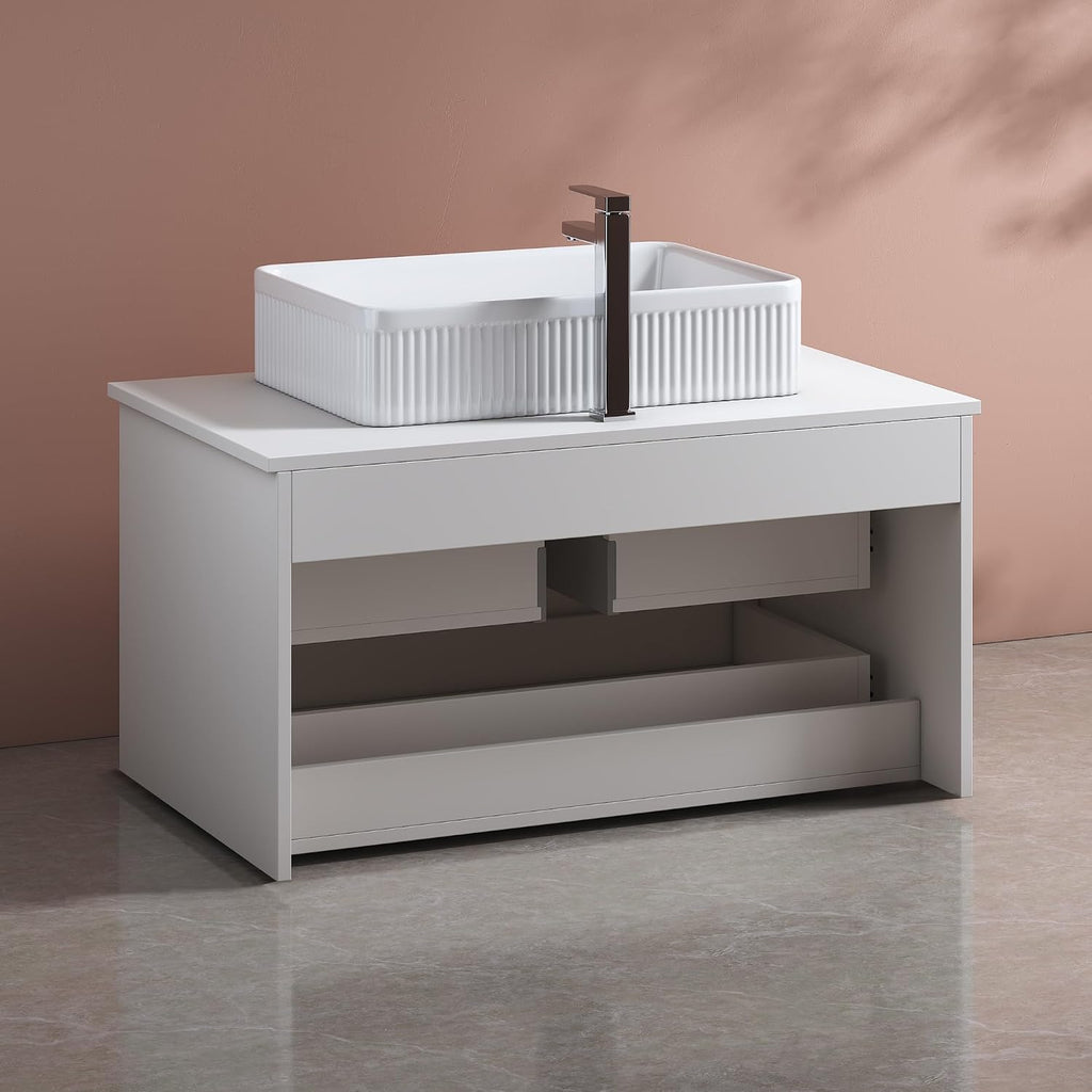 32' Floating Bathroom Vanity with Single Sink, Modern Stripe Wall Mounted Bathroom Vanities with Above Ceramic Basin, Wood Bathroom Vanity Storage Cabinet with 2 Drawers, White