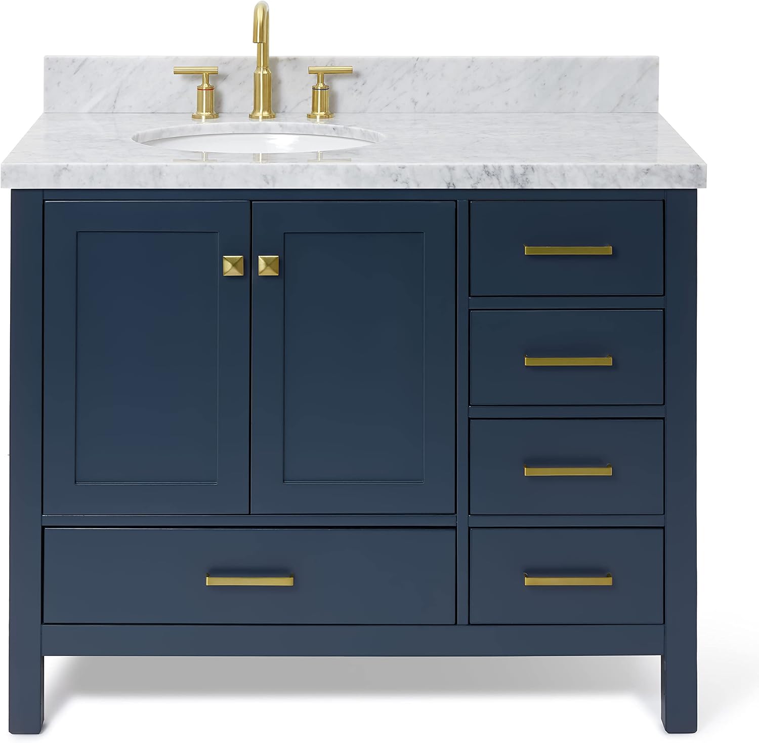 ARIEL Cambridge 42-inch Bathroom Vanity with Sink,Solid Wood, 1.5-inch Italian Carrara Marble Countertop, Single Oval Porcelain Sink, 2 Soft Closing Doors, 5 Dovetail Drawers, Midnight Blue