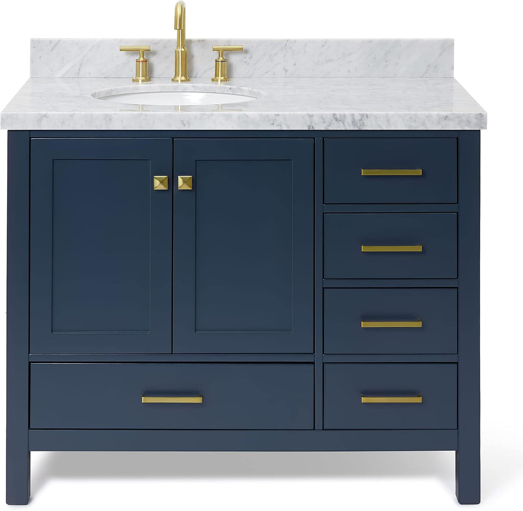 ARIEL Cambridge 42-inch Bathroom Vanity with Sink,Solid Wood, 1.5-inch Italian Carrara Marble Countertop, Single Oval Porcelain Sink, 2 Soft Closing Doors, 5 Dovetail Drawers, Midnight Blue