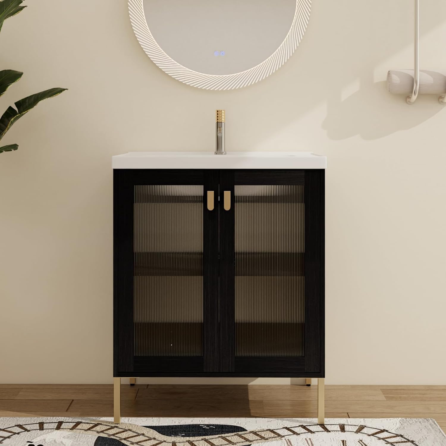 Malwee 28 Inch Freestanding Bathroom Vanity with Sink, 28'' Floor Standing Bathroom Vanity, Modern Vanity with 2 Doors and White Ceramic Basin Sink Top (083-28)