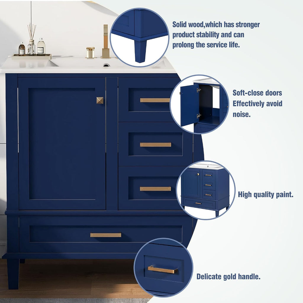 Mirightone 30' Bathroom Vanity with Sink, 30 Inch Bathroom Vanity with Top, 3 Drawers and 1 Soft Closing Door, Modern Bathroom Vanity with Sink 30 Inch for Bathroom (Blue)