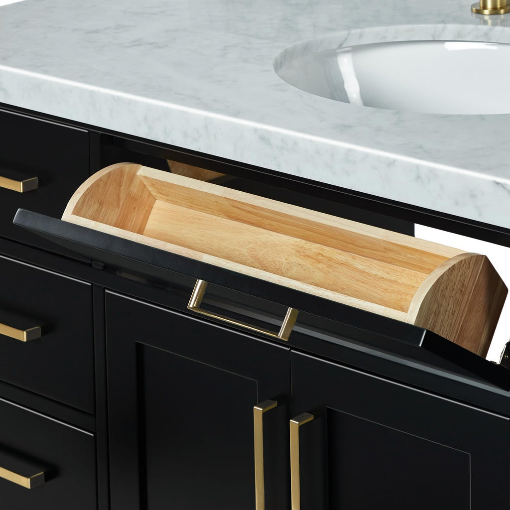 ARIEL Hepburn 54-inch Bathroom Vanity with Sink,Solid Wood, 1.5-inch Italian Carrara Marble Countertop & Backsplash, Single Oval Porcelain Sink, 2 Soft Closing Doors, 9 Dovetail Drawers, Black