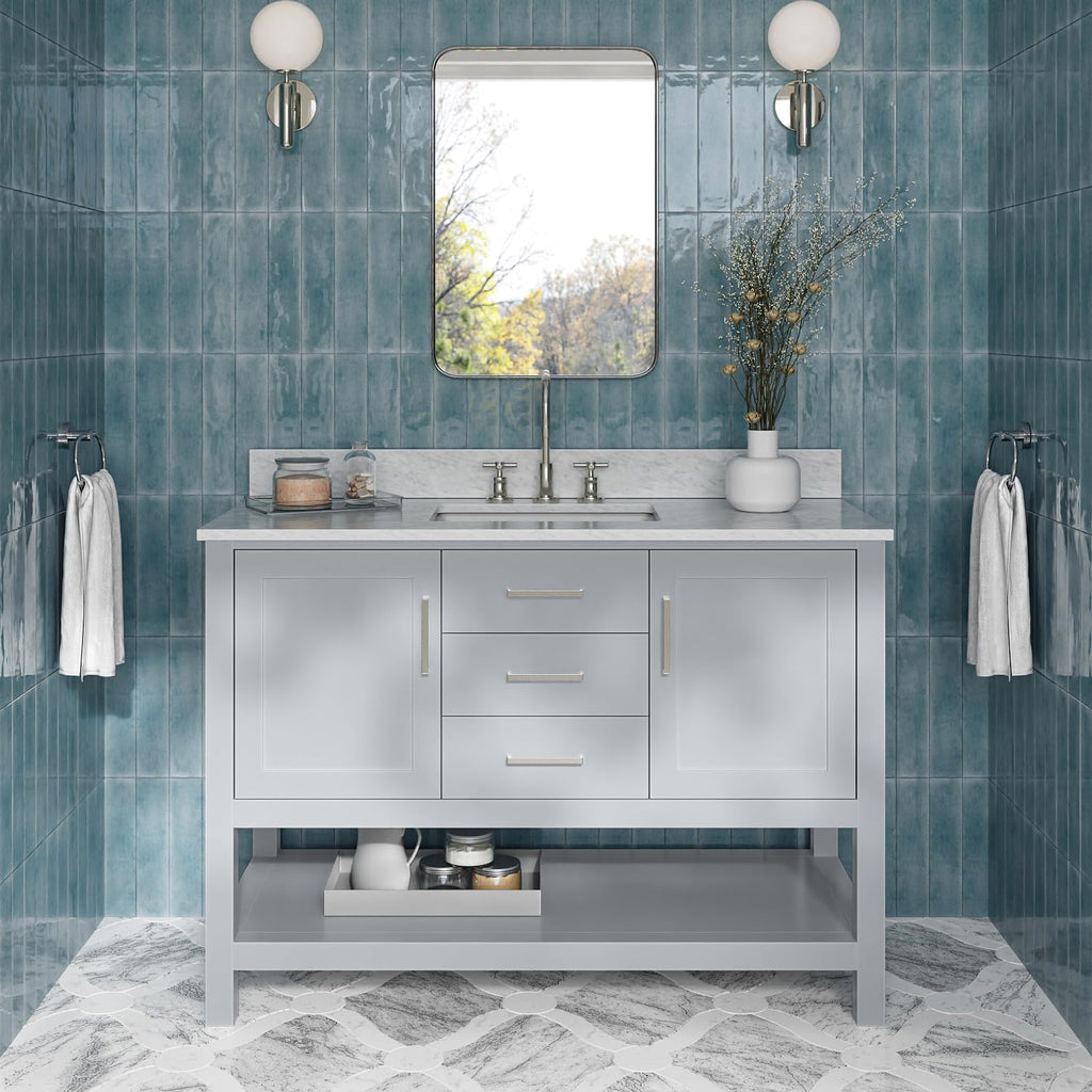 ARIEL Bayhill 48-inch Bathroom Vanity with Sink,Solid Wood, 0.75-inch Italian Carrara Marble Countertop, Single Rectangular Porcelain Sink, 2 Soft Closing Doors, 2 Dovetail Drawers, Grey